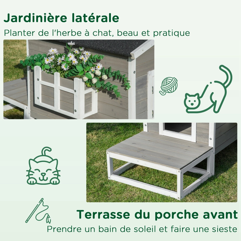 Casetta per gatti esterno in legno con terrazza ¨C zephmum ¨C 115x66.5x74.7 cm grigio