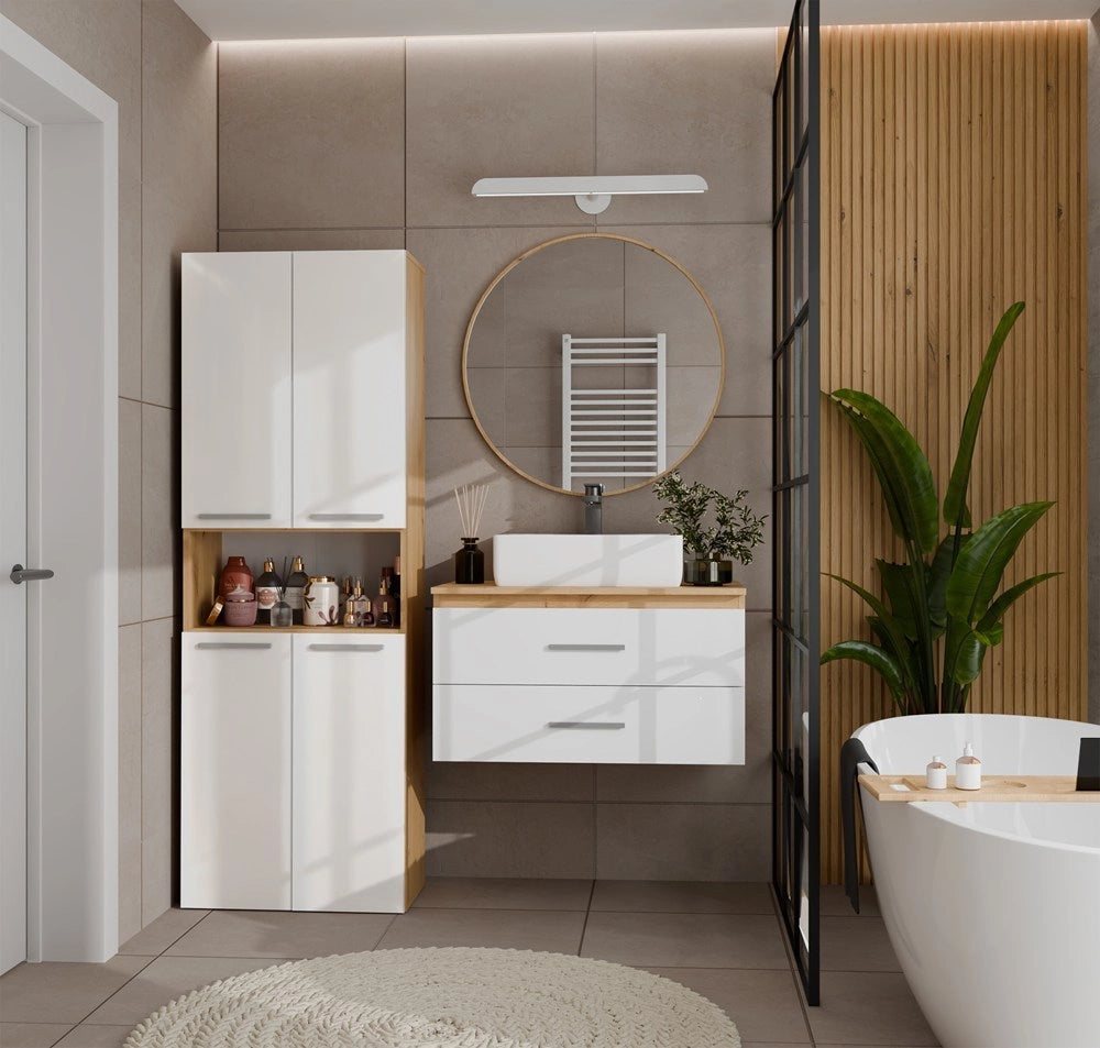 Mobile bagno NEL 1k DK scaffale colonna con koszem per bucato rovere artisan bianco lucido