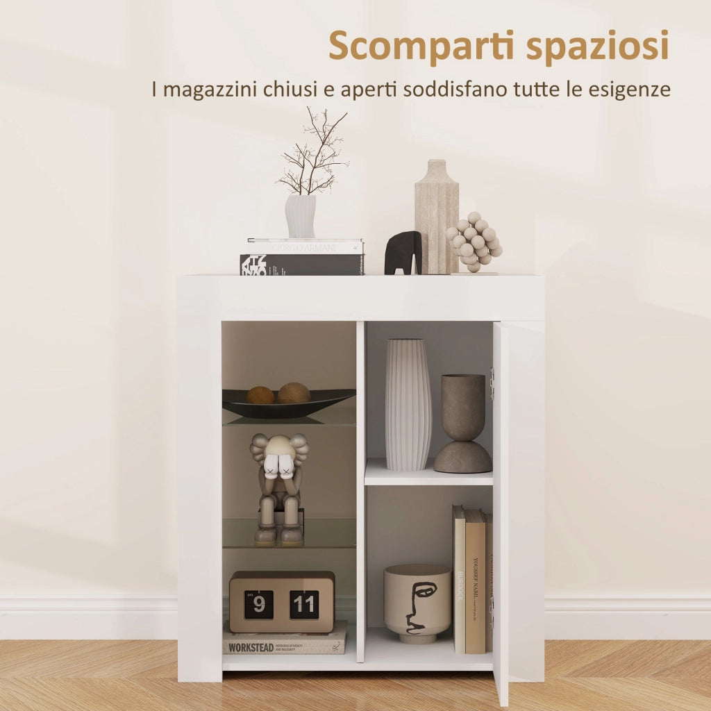 Mobile Contenitore a LED 75x40,1x83 cm 3 Ripiani Aperti e Armadietto in Legno e Vetro Bianco