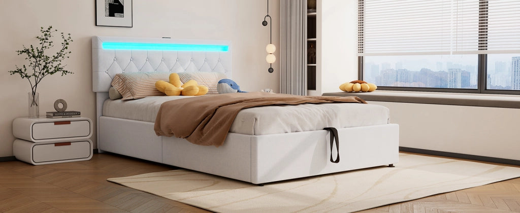 DESMIU Letto contenitore 140 × 200 cm 2 posti con LED regolabile, USB e Type-C, senza materasso, in lino, bianco