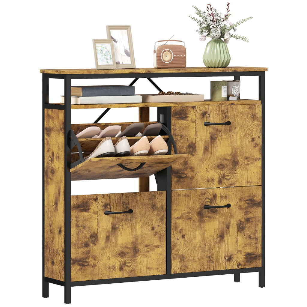 Armadio per scarpe con 4 cassetti pieghevoli ¨C zephmum ¨C Stile sottile, scaffale aperto, acciaio, marrone