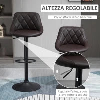 Set 2 Sgabelli da Bar Regolabili con Schienale e Poggiapiedi, Base in Metallo e Seduta in Similpelle, 46x48x83-104 cm, Marrone e Nero