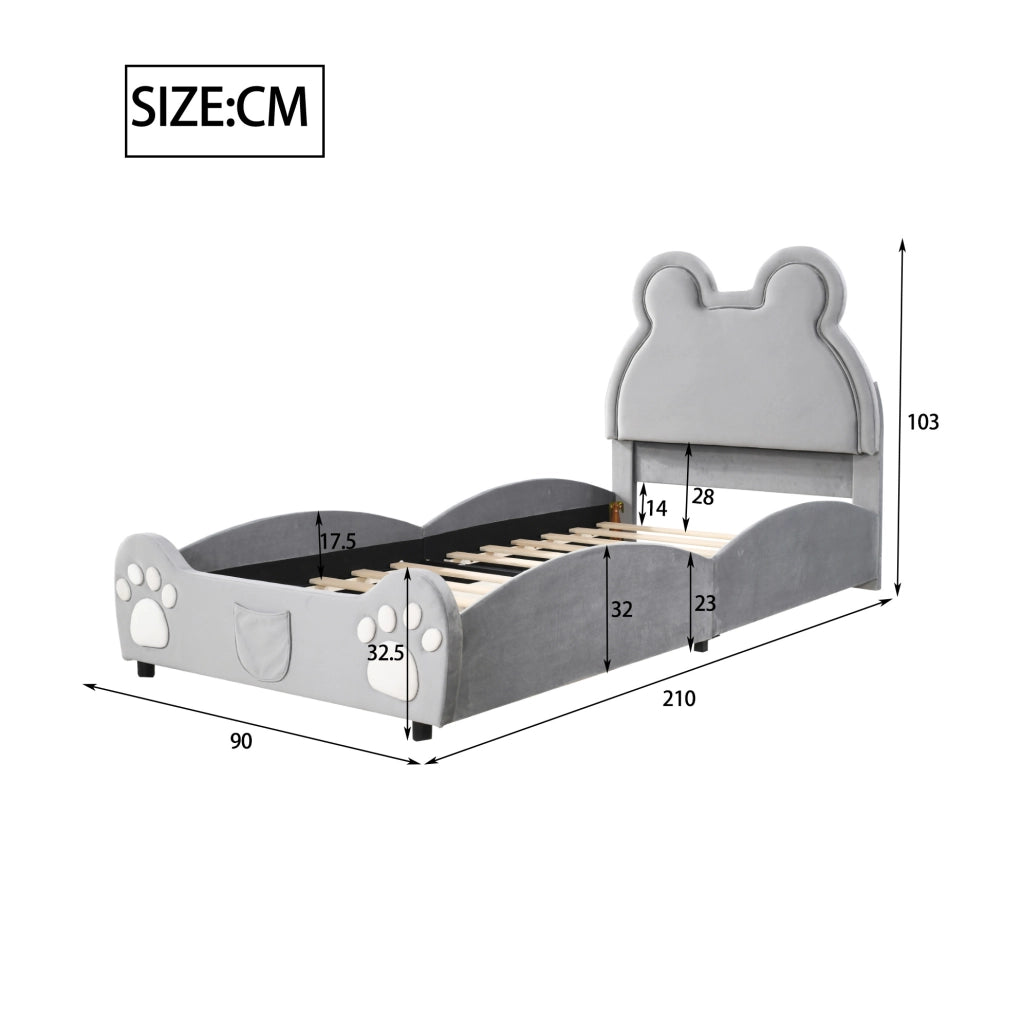 Letto imbottito per bambini a forma di orso 90x200 cm in velluto grigio