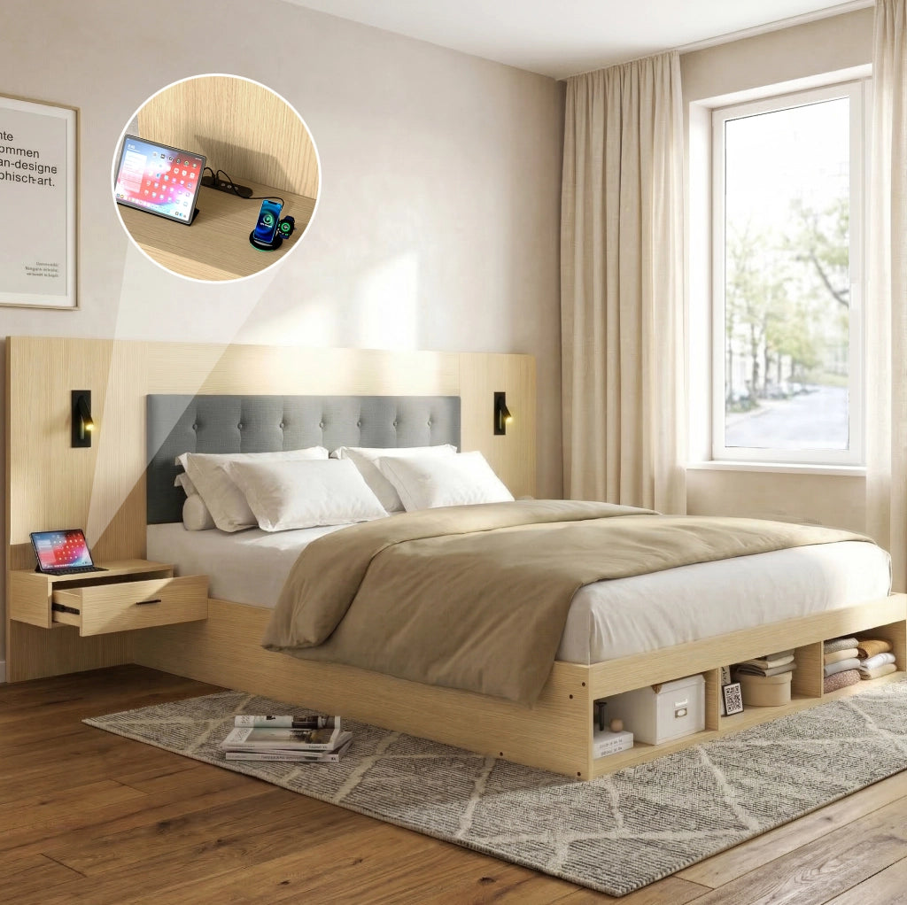 Letto contenitore 180x200 cm con comodini, luci LED e prese USB/Type-C