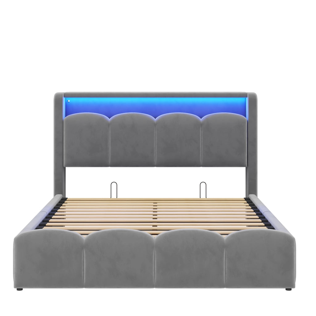 Letto imbottito matrimoniale 140 × 200 cm con contenitore, testiera con USB e Type-C, LED e velluto grigio