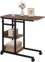 Tavolino da Salotto a Forma di C, Tavolino da Caffè a 3 Livelli, Tavolo Divano Regolabile in Altezza con Ruote Universali, in Legno e Metallo, Rovere vintage + Nero, BTS08hov