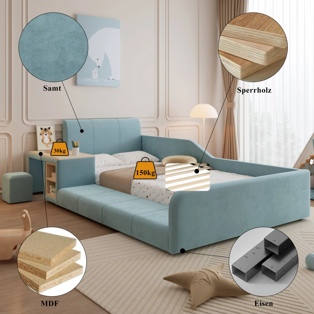 LETTO Singolo imbottito 90x200 cm con scrivania e sgabello in velluto blu