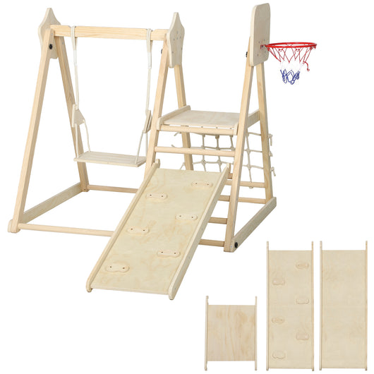 Gioco Arrampicata 5 in 1 Pieghevole 140x172,5x116,5 cm con Scivolo 2 Pareti Altalena e Canestro in Legno