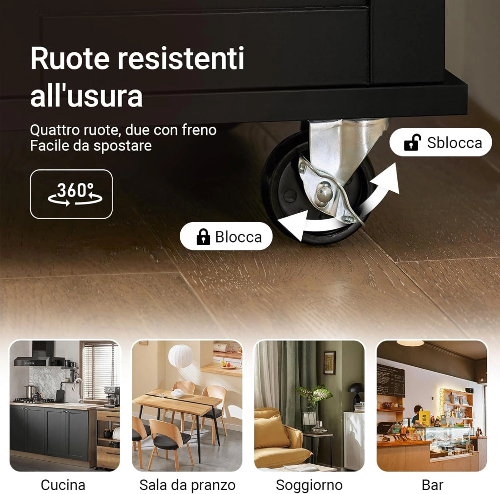 Mobile Cucina Salvaspazio Carrello Cucina con Ruote Mobiletto Cucina Dispensa Credenza Cucina Madia Cucina Isola Cucina 80×46×90 cm Nero FKW110‑SCH