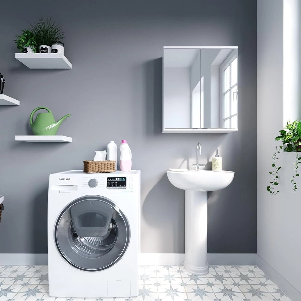 Specchio contenitore bagno Roy, Bianco, 60 x 68 cm, adatto per montaggio a parete e compatibile con la serie Roy