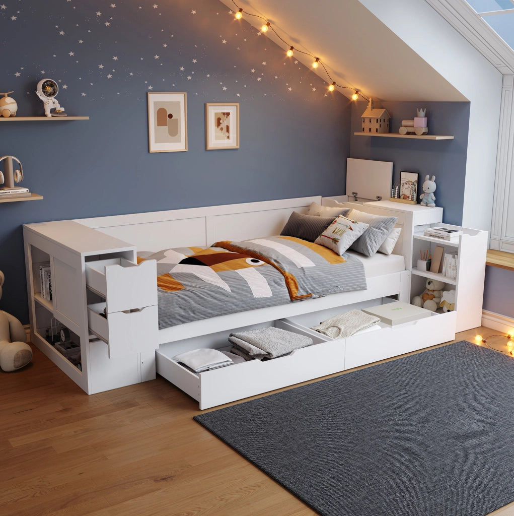 Letto singolo per bambini 90x200 cm con cassetto, scaffali e comodino, bianco