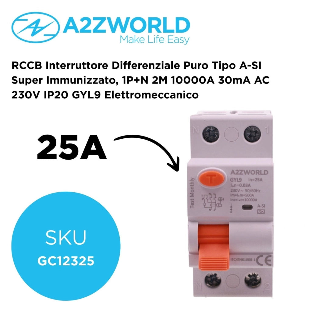 RCCB Interruttore Differenziale Puro Tipo A-SI Super Immunizzato, 1P+N 2M 10000A 30mA AC 230V IP20 GYL9 Elettromeccanico, Corrente Disponibili 25A 40A 63A 100A (25A)