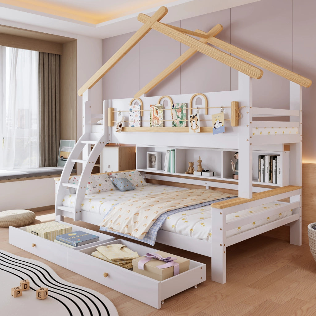 Letto a Castello 90x200 cm e 120x200 cm con 2 Cassetti; Scala e Mensola; Bianco Naturale