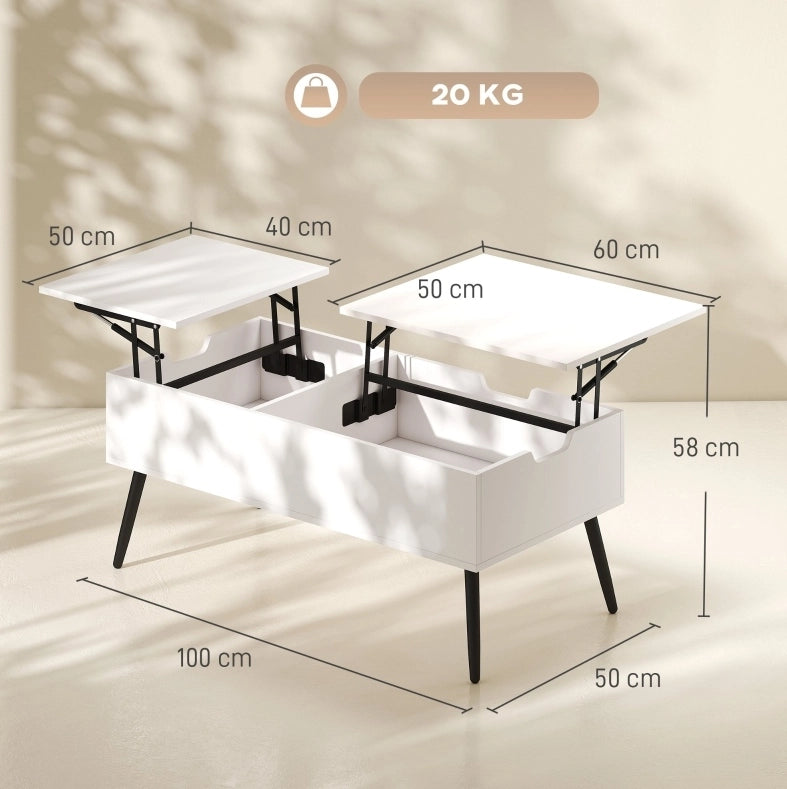 Tavolino da salotto elevabile con doppio piano; vani nascosti; legno bianco
