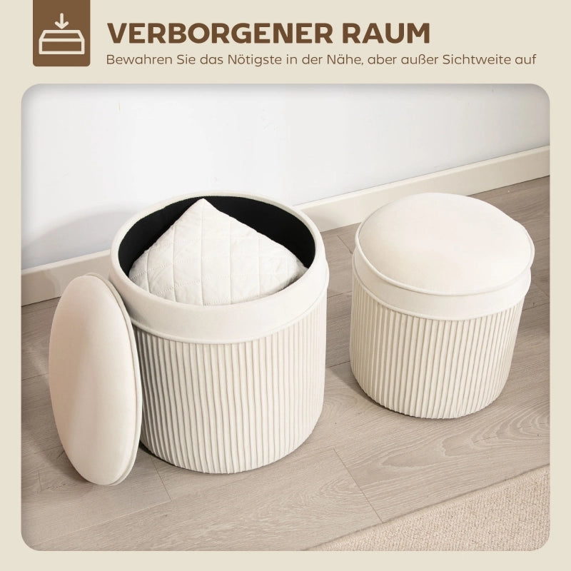Pouf contenitore 2 pezzi con coperchio e spazio nascosto in poliestere bianco crema