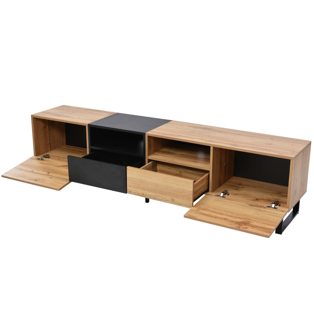 Mobile porta TV con 2 ante e 2 cassetti in MDF, effetto legno naturale e nero, con guide scorrevoli, 190 × 38 × 48 cm