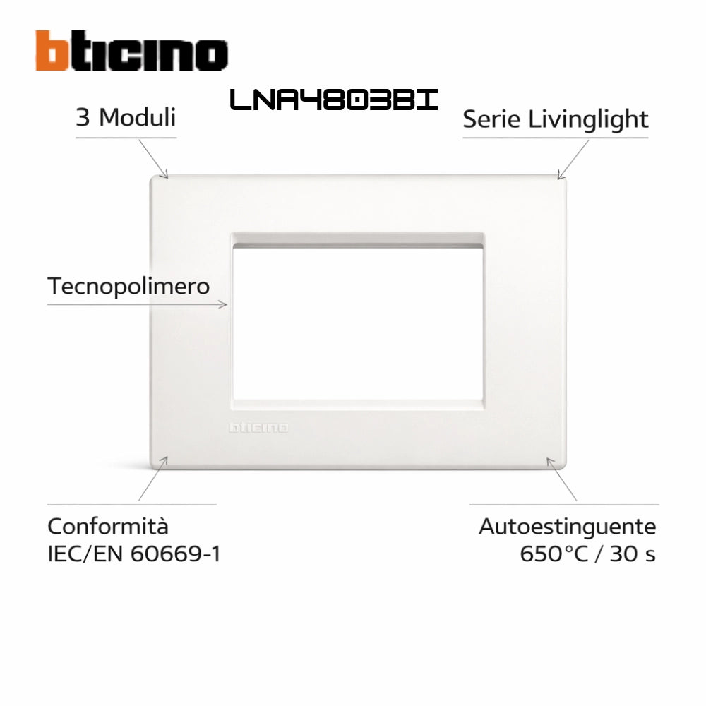 Bticino livinglight placca quadra 3 moduli in tecnopolimero *** colore bianco opaco, numero posti 3 posti, confezione 1