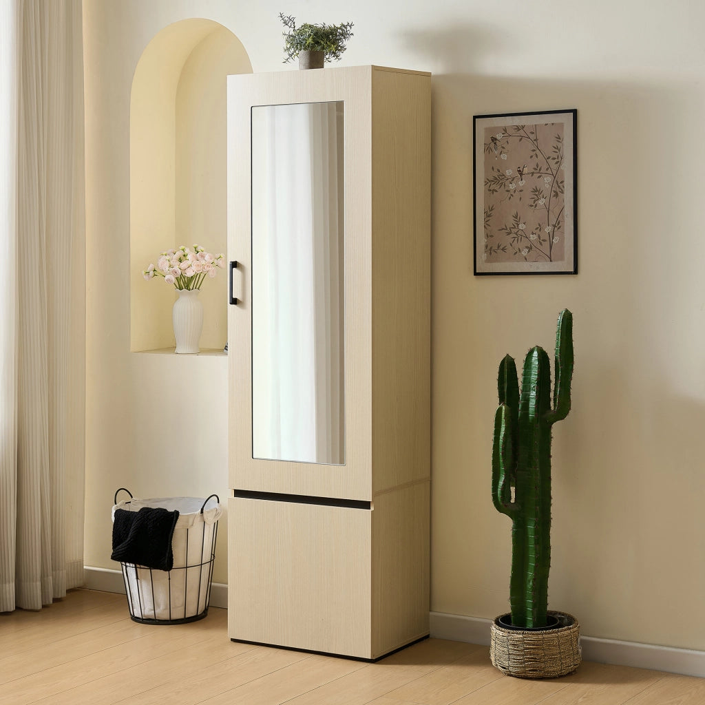 Armadio con specchio e asta appendiabiti estraibile per ingresso e camera; in MDF; legno; 54 × 34;5 × 179;5 cm