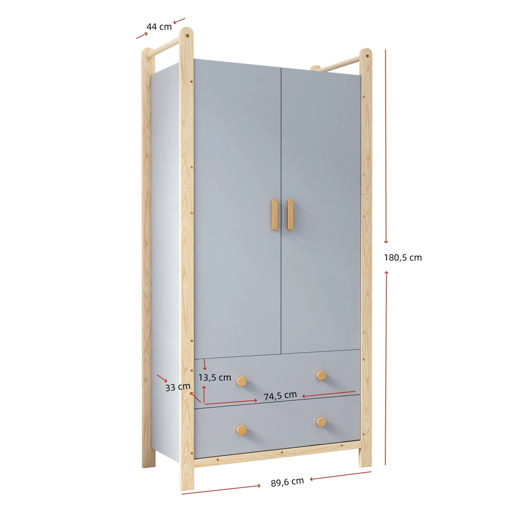 Armadio con 2 ante e 2 cassetti, barra appendiabiti, in truciolare e pino, per la camera, blu, 90 × 45 × 180 cm
