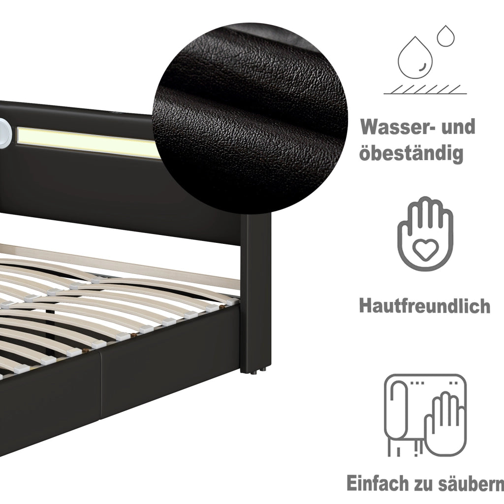 Letto imbottito contenitore matrimoniale 160x200 con LED; Bluetooth e USB; PU nero