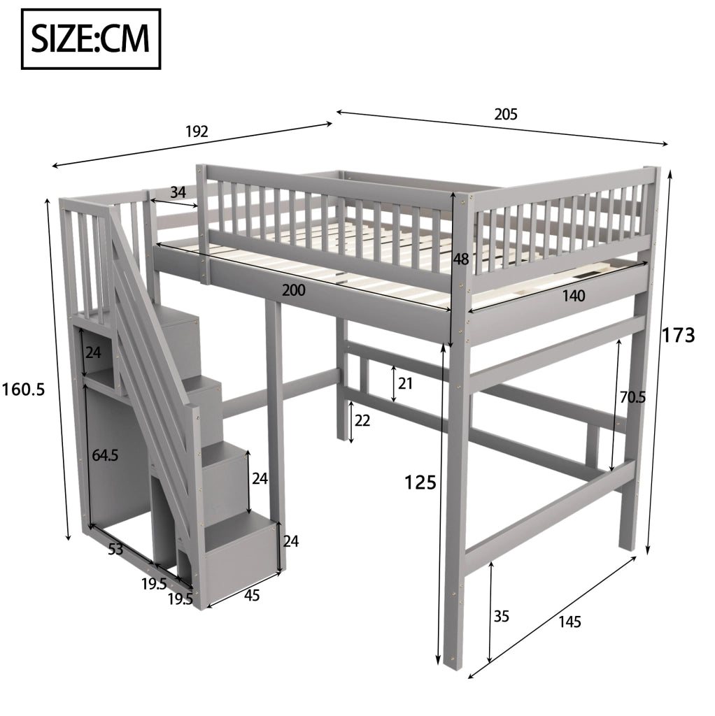 Letto a soppalco 140x200 cm con scala contenitore in legno grigio