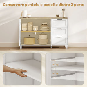Mobile Cucina Buffet 120x38x76 cm con 3 Cassetti e Armadietto 2 Ante Ammortizzate Bianco