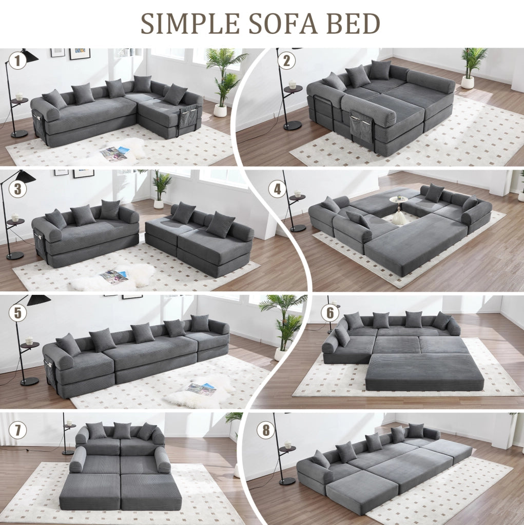 Divano modulare 270x180x64 cm con tasca laterale e funzione letto; corduroy grigio scuro