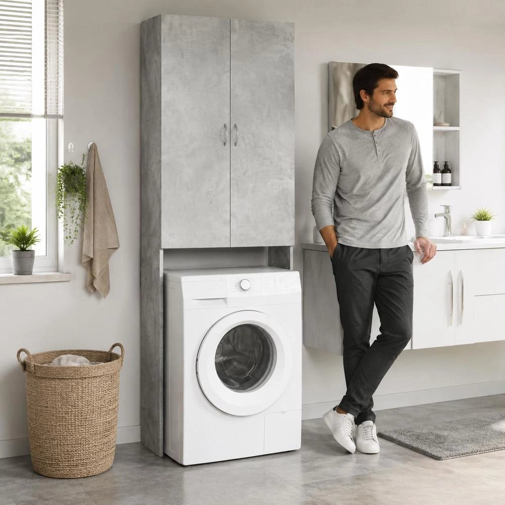 Washing Machine Cabinet, Concrete Grey, 64x25.5x190 Cm