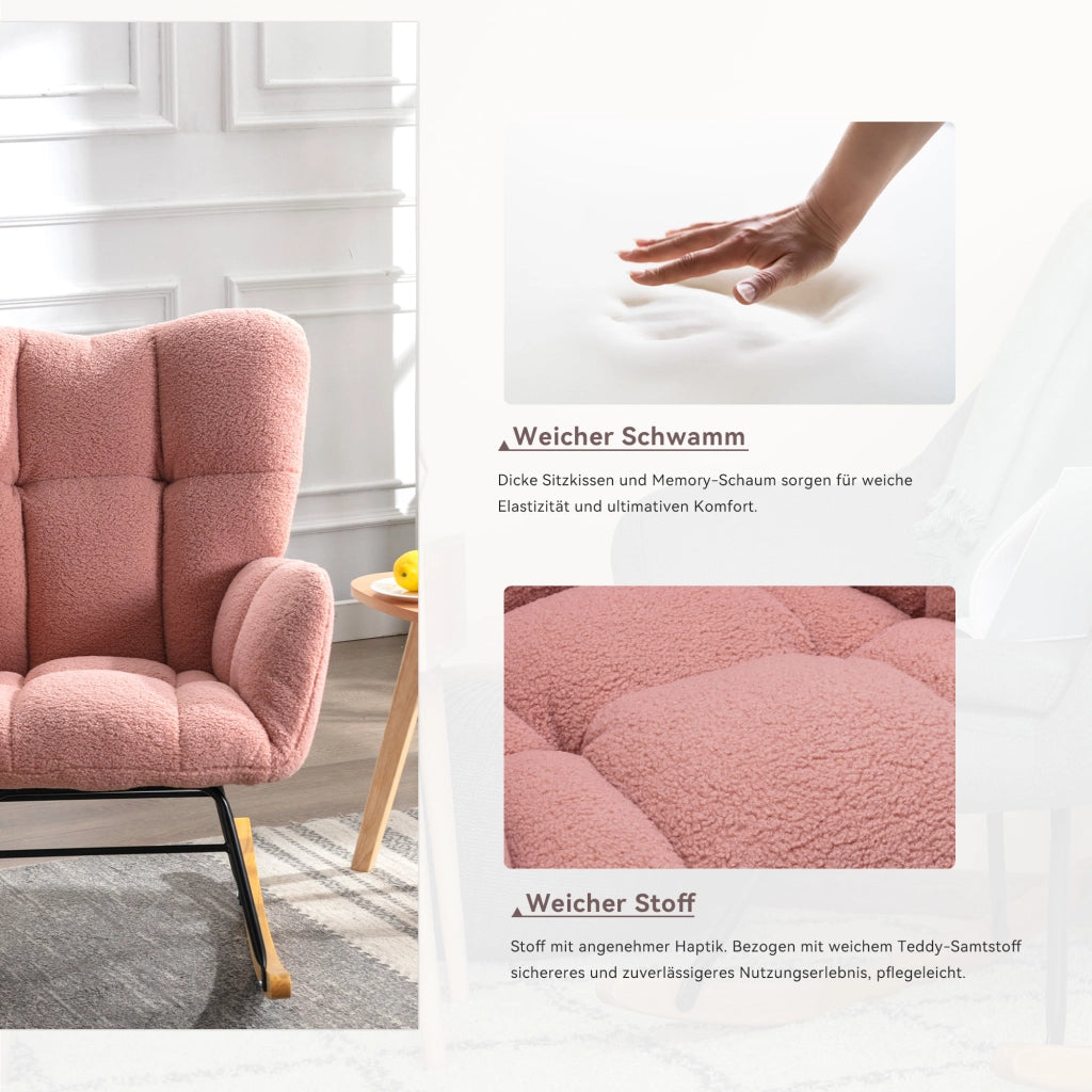 OKWISH Sedia a Dondolo, Schienale Alto Ergonomico e Braccioli Imbottiti, Base Silenziosa, Tessuto Teddy, Rosa