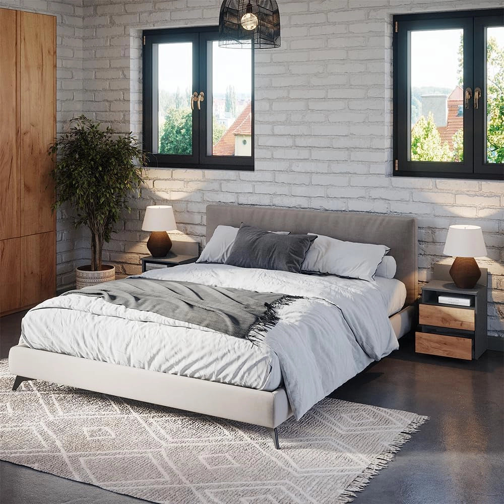 Comodino camera da letto Monty, Antracite/quercia dorata, Set di 2, per riporre oggetti di uso quotidiano in camera da letto