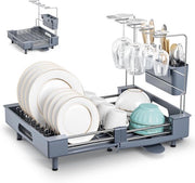 Afdruiprek Uitbreidbaar, Opvougbare Afdruiprek in Acciaio Inossidabile con Supporto per Utensili Rimovibile, Afdruiprek con Bordo Resistente alle Scalfitture con Supporto per Calici Rimovibile, Uitloop Girevole (Grigio)