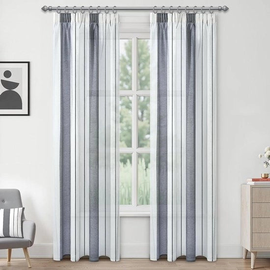 Gordini a strisce per camera da letto - Moderne tende a pieghe - Set di 2 - Semitrasparenti - Grigio e bianco - 225 x 140 cm