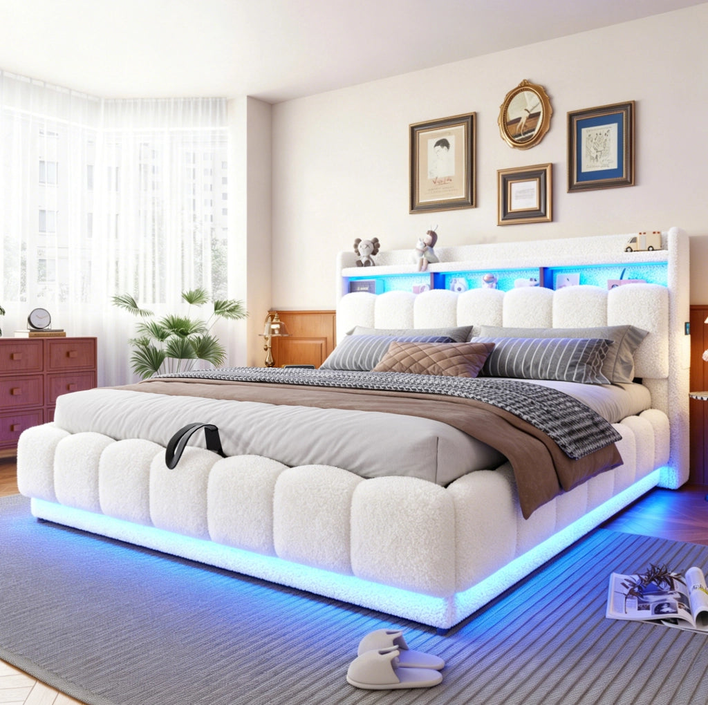 Letto imbottito 180x200 cm con contenitore idraulico; LED e USB; tessuto boucl茅 bianco