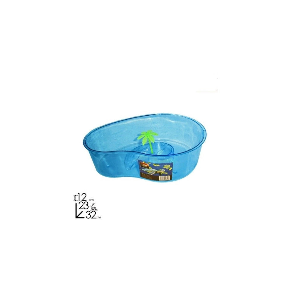 Trade Shop - Tartarughiera Blu Con Palma 32x12x23cm Animali Acquario Vasca Per Tartarughe -