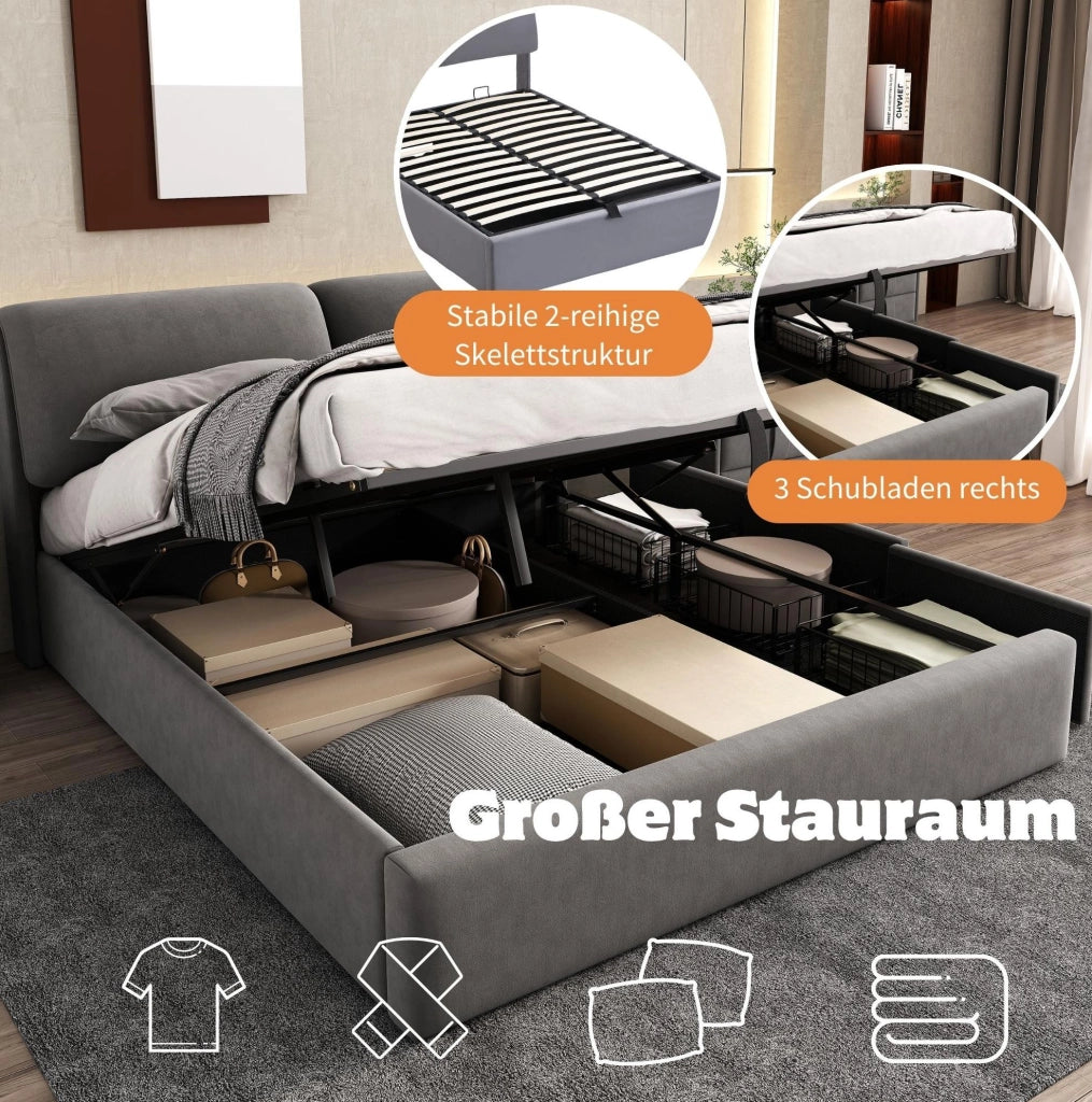Letto imbottito 140x190 cm in velluto grigio con contenitore idraulico e 3 cassetti