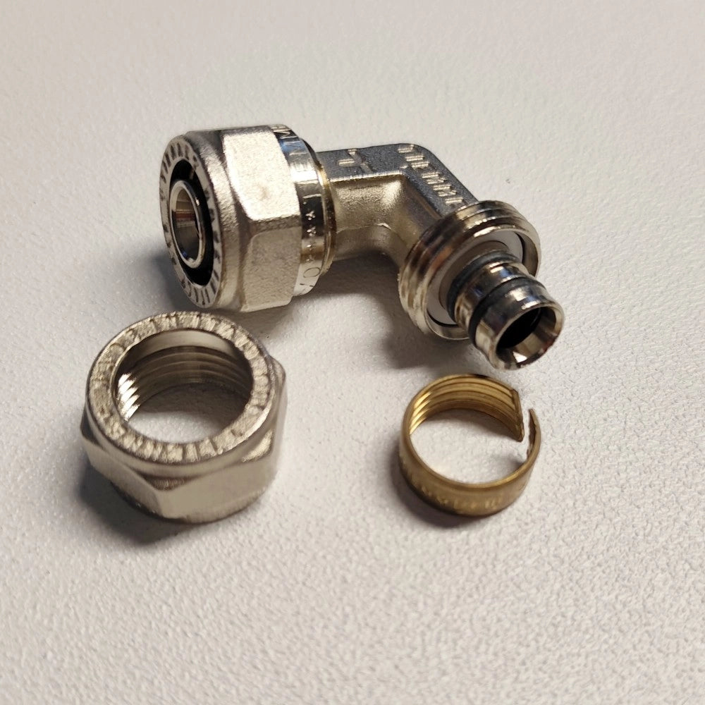 Raccordo 20x20mm curvo gomito doppio a stringere per tubo multistrato