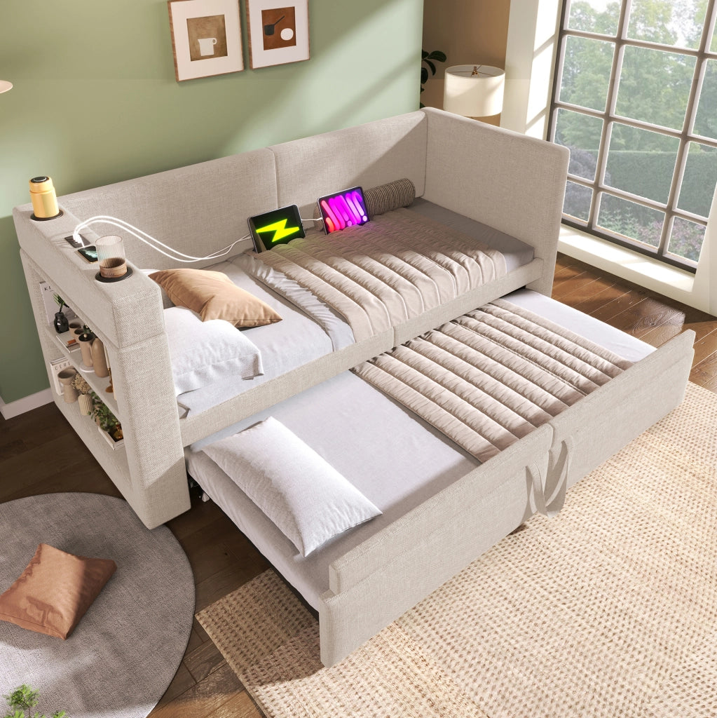 Divano letto 90x200 cm con letto estraibile e braccioli in cotone e lino beige