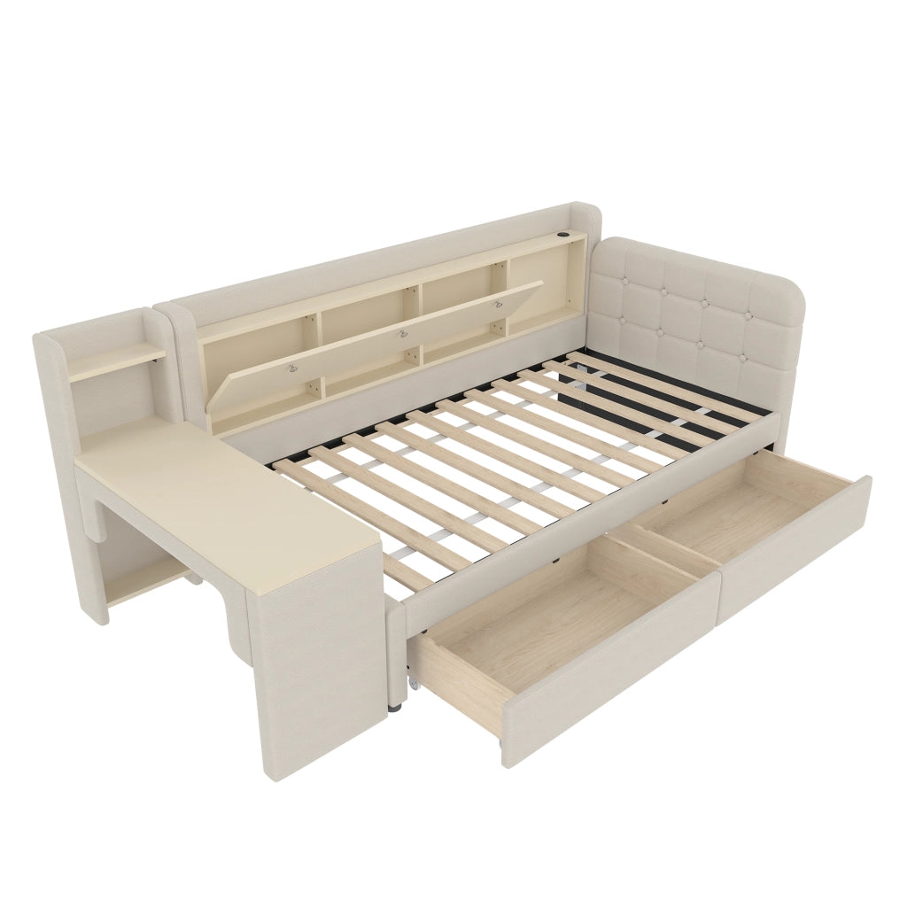 Letto singolo 90×200 cm con 2 cassetti; scrivania; USB; Type-C e contenitore a ribalta; senza materasso; lino beige