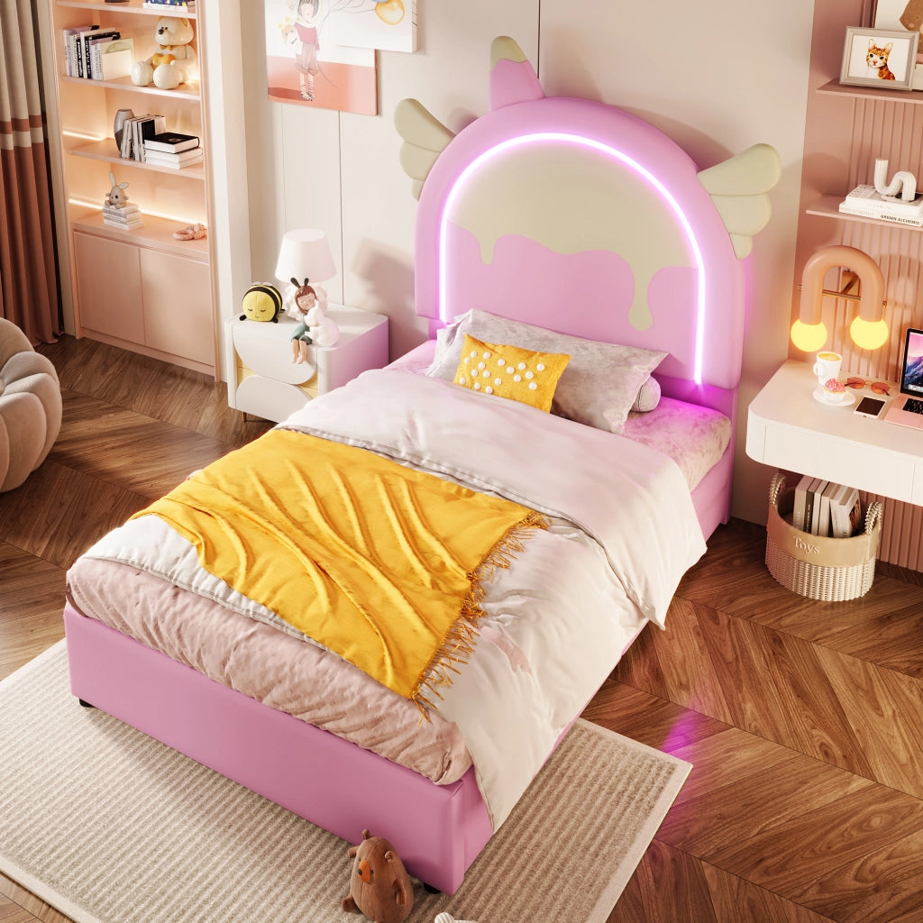 LETTO 90x200 cm in PU Rosa con 2 cassetti e barra luminosa multicolore