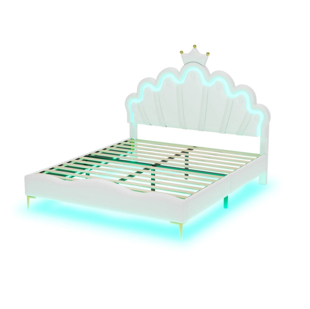 Letto matrimoniale 140x200 cm; testiera a nuvola con corona e LED; PU e MDF; bianco