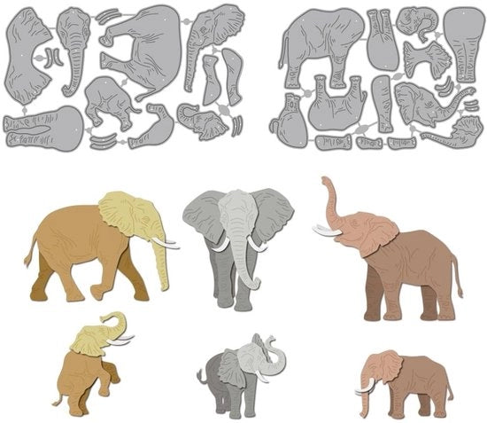 Patroni di taglio multi livello - Tema elefante - Acciaio carbonio - Disegno stratificato - 153 x 91 mm - 137 x 89 mm - Set di matrici di taglio