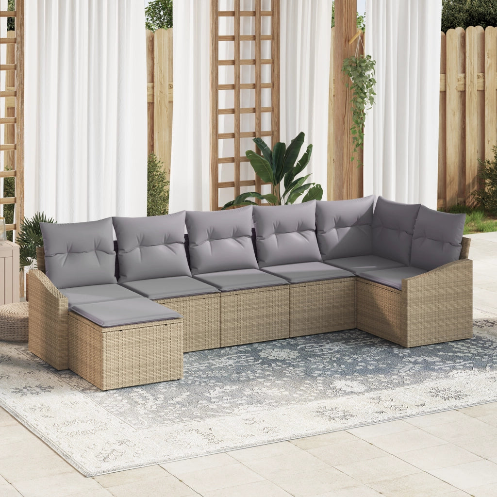 Set Divano da Giardino da 7 Pezzi con Cuscini Beige Polyrattan