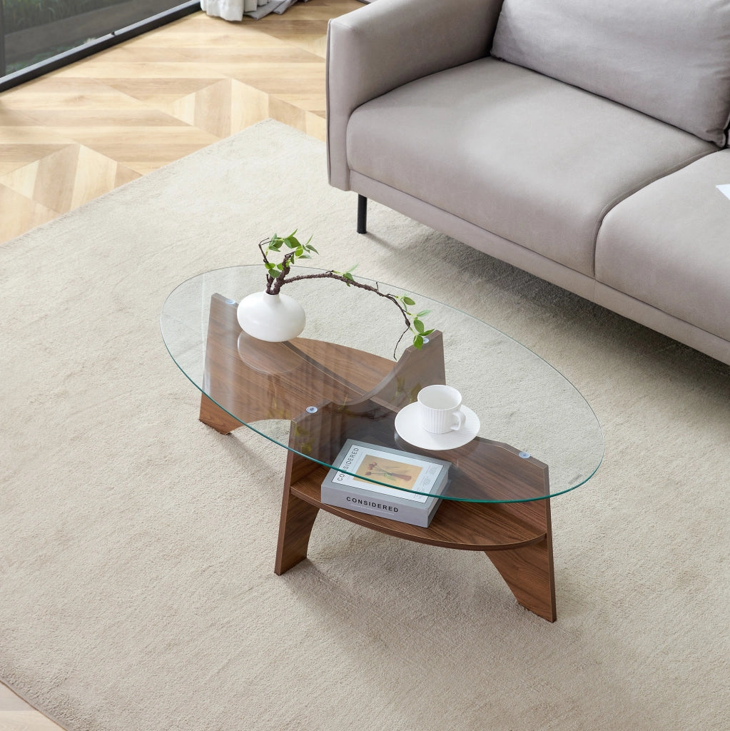 Tavolino da caffè ovale in vetro di sicurezza e MDF color noce con ripiano inferiore