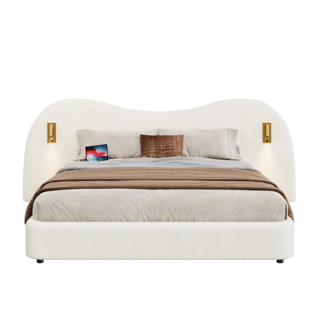 Letto matrimoniale contenitore con alzata idraulica; USB e luci; in bouclé bianco