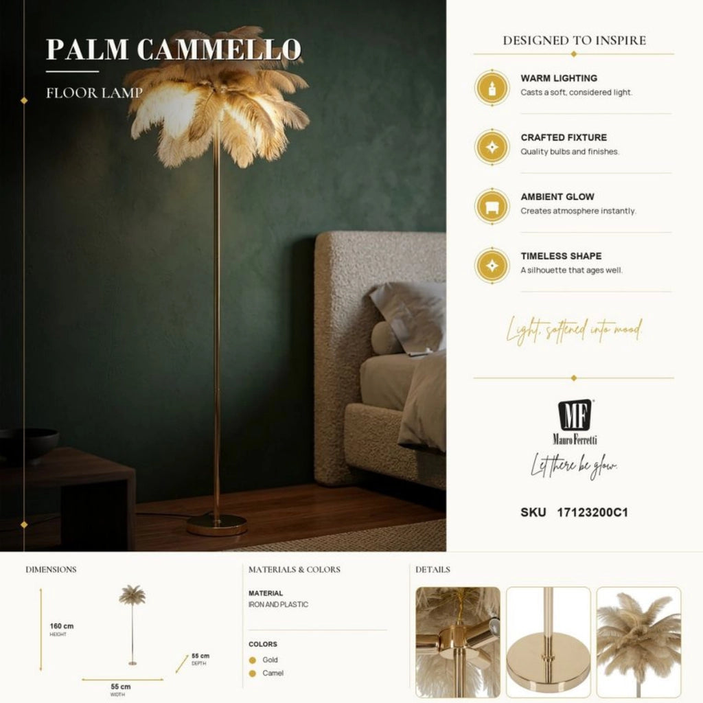 Lampada da terra Palm color cammello in metallo dorato con piume di struzzo