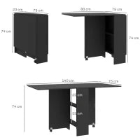 Tavolo Pieghevole in Legno per 4-6 Persone con Ruote, 75x140x74cm, Nero