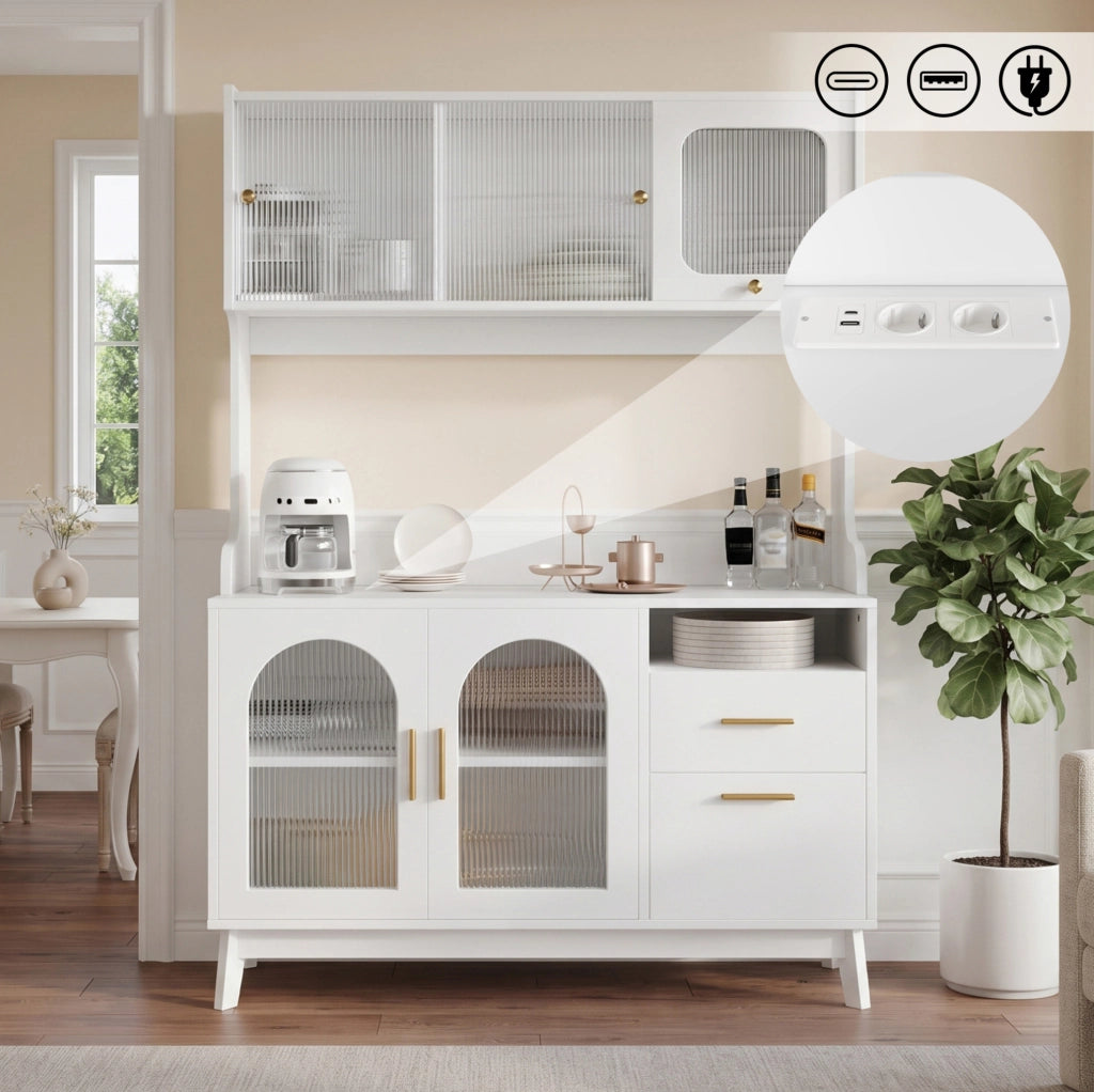 Credenza alta 120x40x178 cm bianca in truciolare, contenitore e USB
