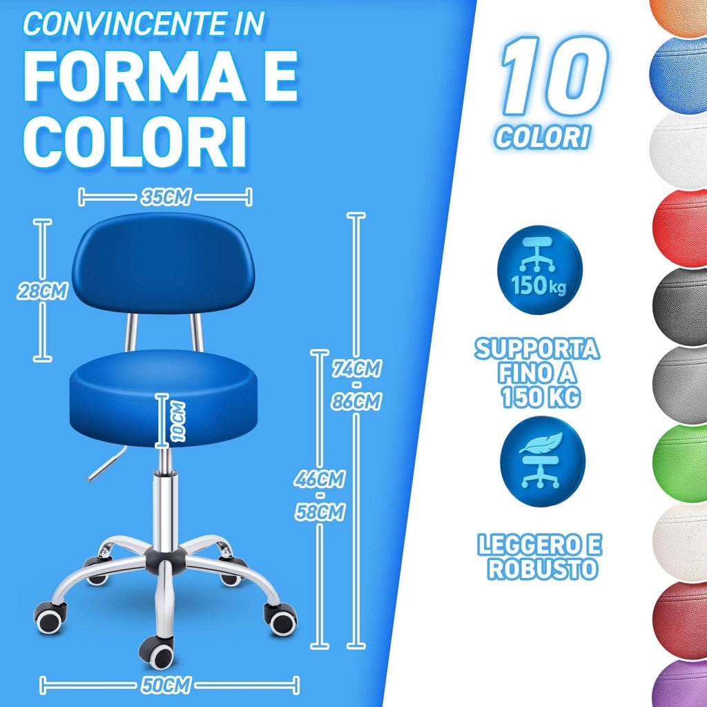 Sgabello con ruote con schienale blu, altezza regolabile da 46 a 58 cm, con ruote, sgabello girevole per cosmetici