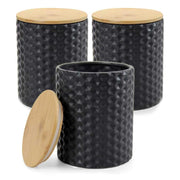SET 3 BARATTOLI TONDI IN CERAMICA CON RILIEVO NERO, TAPPO IN LEGNO 13X17CM