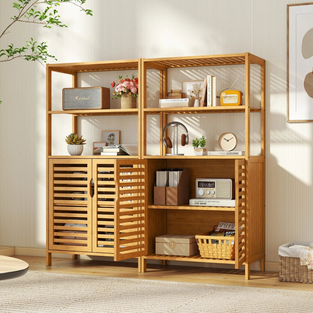Scaffale in bamb¨´ con ante a 4 ripiani con mensole aperte e armadio con persiane, Scaffale di stoccaggio moderno Naturale-Scaffali e librerie